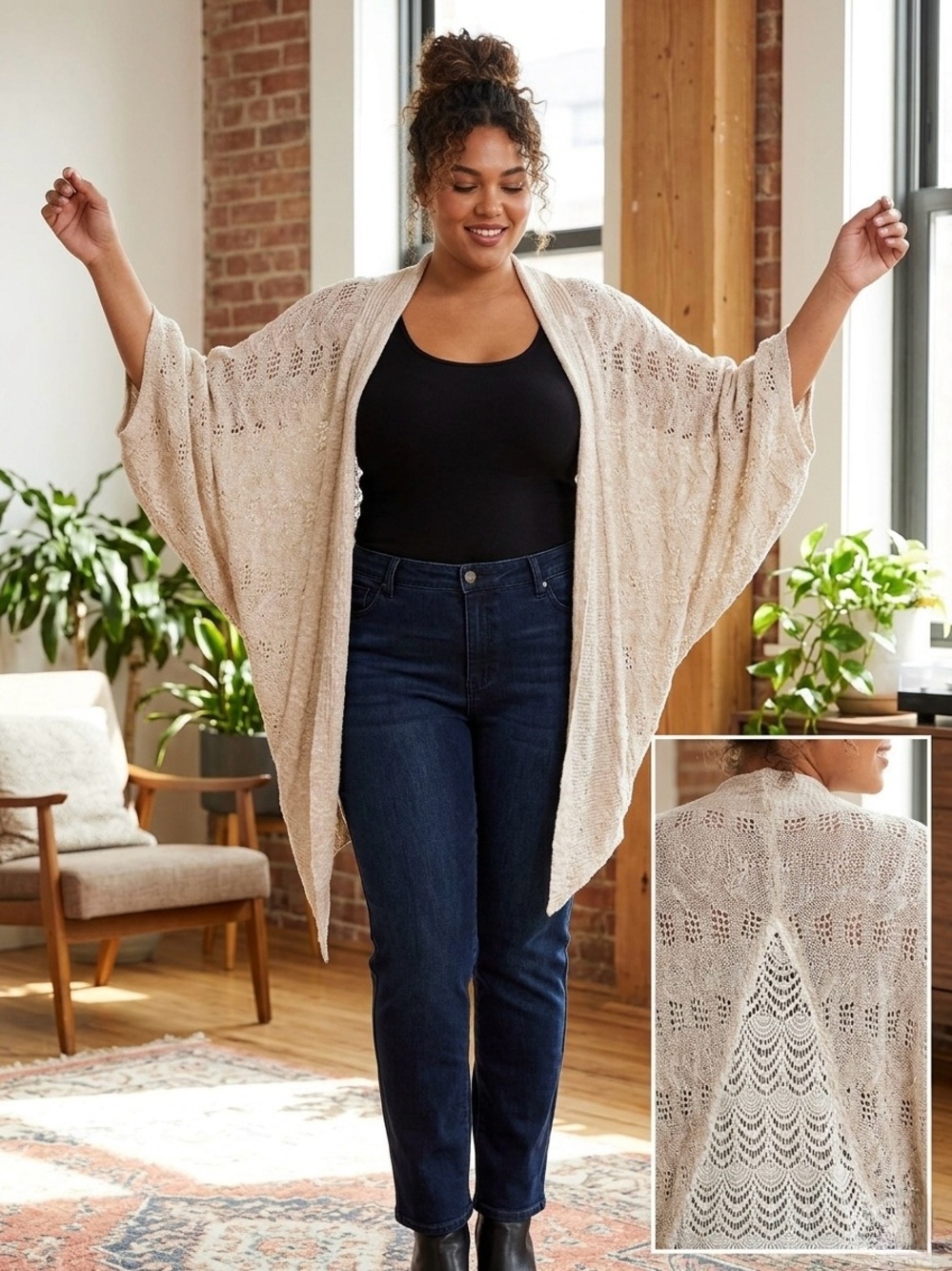 Democracy Boho Lace Back Pointelle Knit Cocoon Cardigan Shrug Size 2X Cream